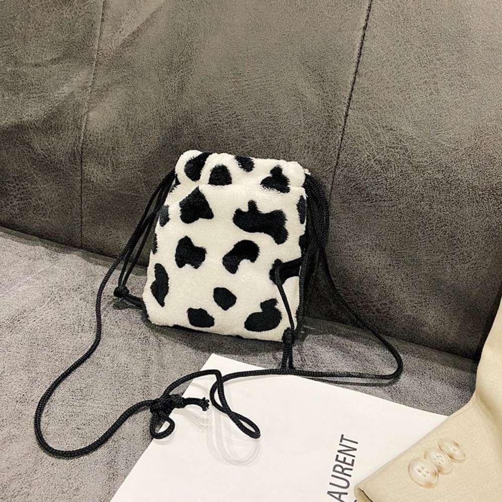 New Faux Fur Medium Cow Print Buttery Soft Handmade Drawstring Crossbody Bag - Picture 13 of 15
